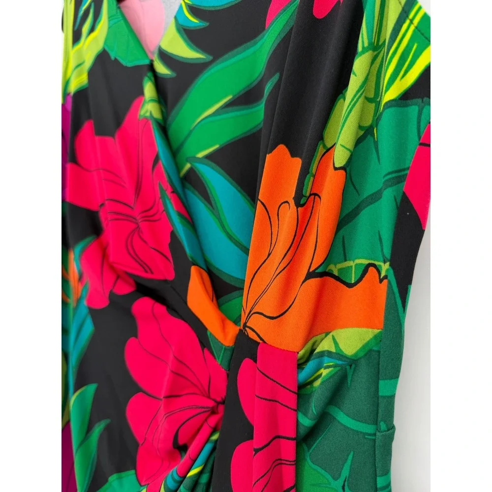 Susan Graver Liquid Knit Tropical Floral Dress and Cardigan Set Black Multi M